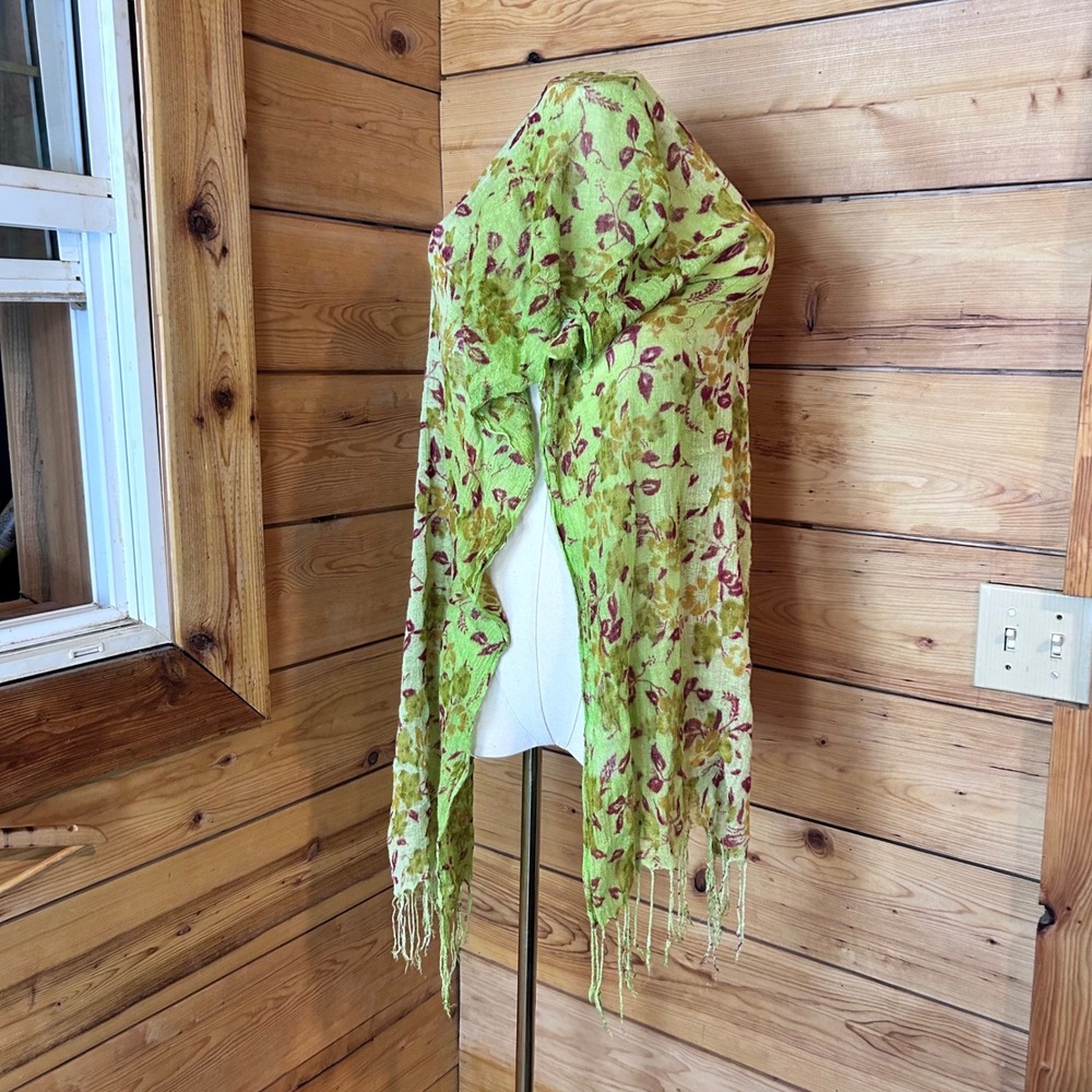 Vintage Scarf One Size Chartreuse Lime Green Boho Floral Fringe Wrap MCM